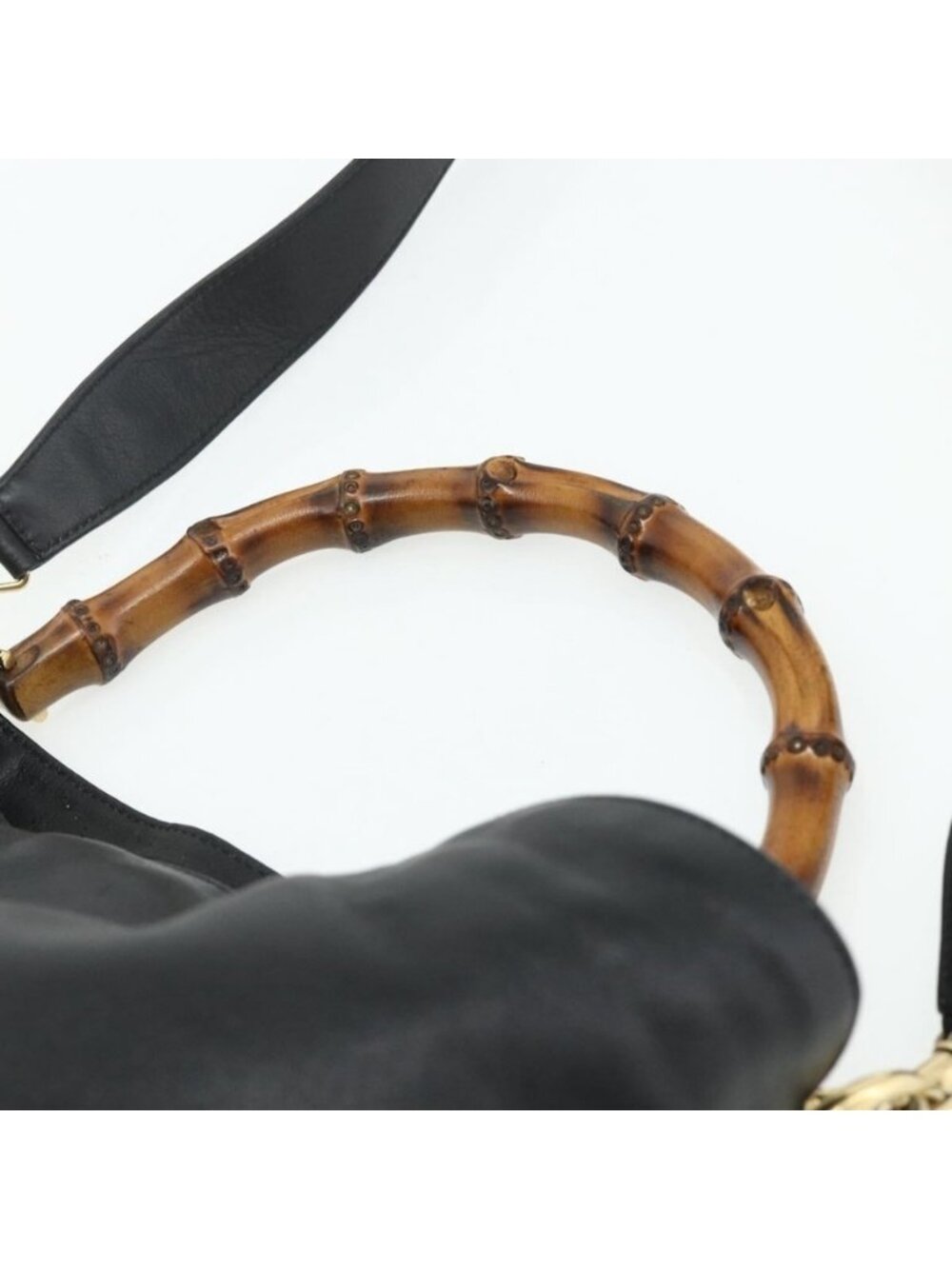 Authentic GUCCI Bamboo Shoulder Bag Leather 2way Black Gold 001 1577 - Picture 6 of 16